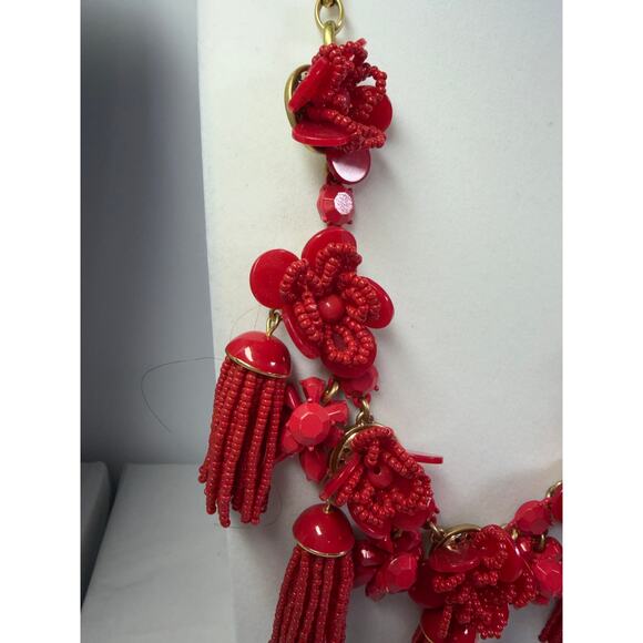 J. Crew holiday red honeymoon flower floral tassel statement runway necklace - Picture 2 of 6
